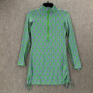 IBKUL Half Zip Mini Dress Womens XS Green Medallion Print Long Sleeve Ruched